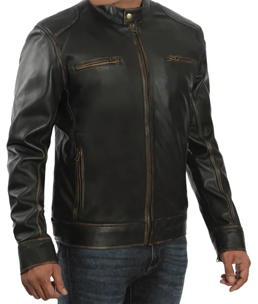 Dodge Men’s Rub-Off Brown Cafe Racer Leather Jacket - FJM