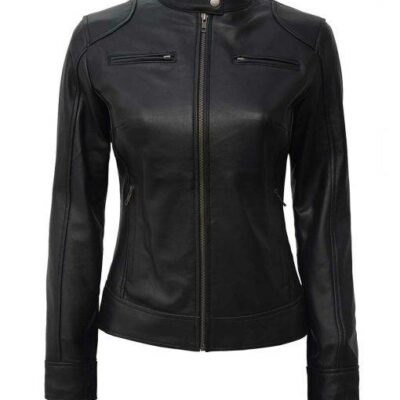 dodge women’s petite black lambskin leather moto jacket