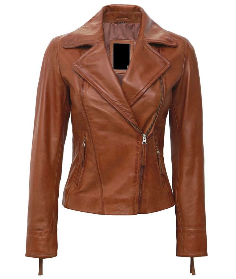 women’s tan asymmetrical leather moto jacket