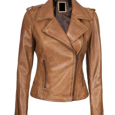 women’s camel asymmetrical moto leather jacket