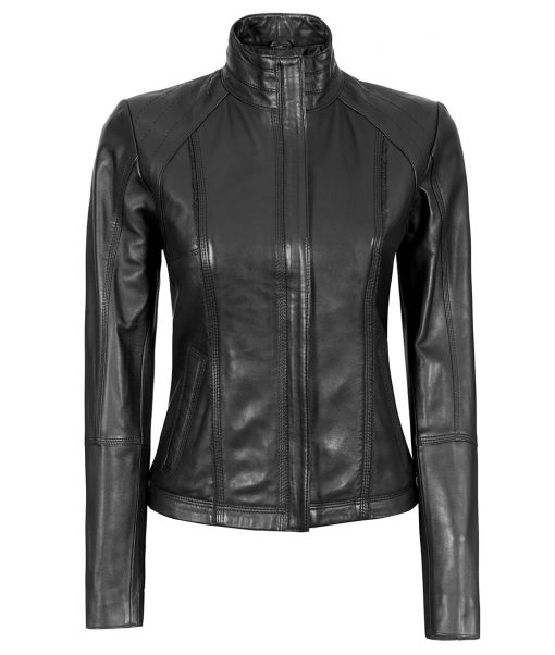 Black Cafe Racer Style Leather Jacket For Women - FJM