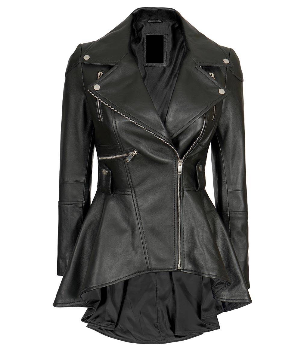 Women’s Asymmetrical Peplum Style Black Leather Jacket - FJM