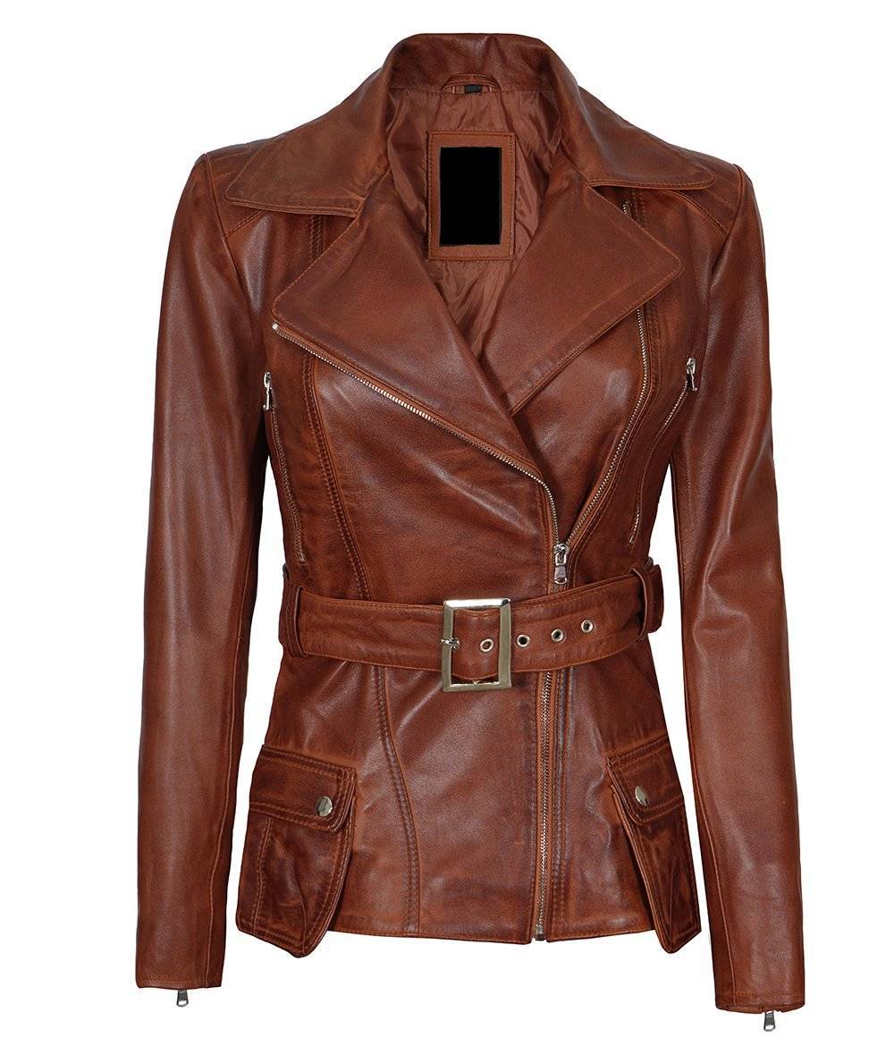 Victoria Women’s Cognac Wax Belted Moto Leather Jacket - FJM