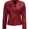 women’s red motorcycle asymmetrical padded leather jacket
