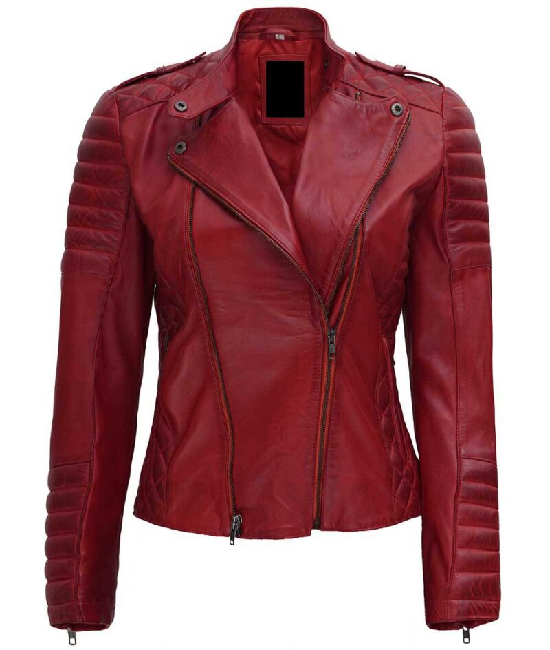 women’s red motorcycle asymmetrical padded leather jacket