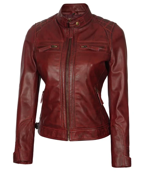 Women Four Pockets Maroon Biker Leather Jacket - FJM