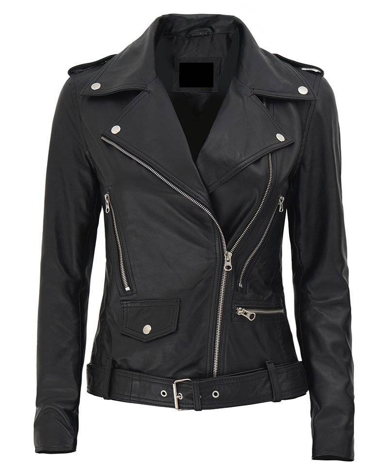 Women’s Asymmetrical Black Leather Biker Jacket - FJM