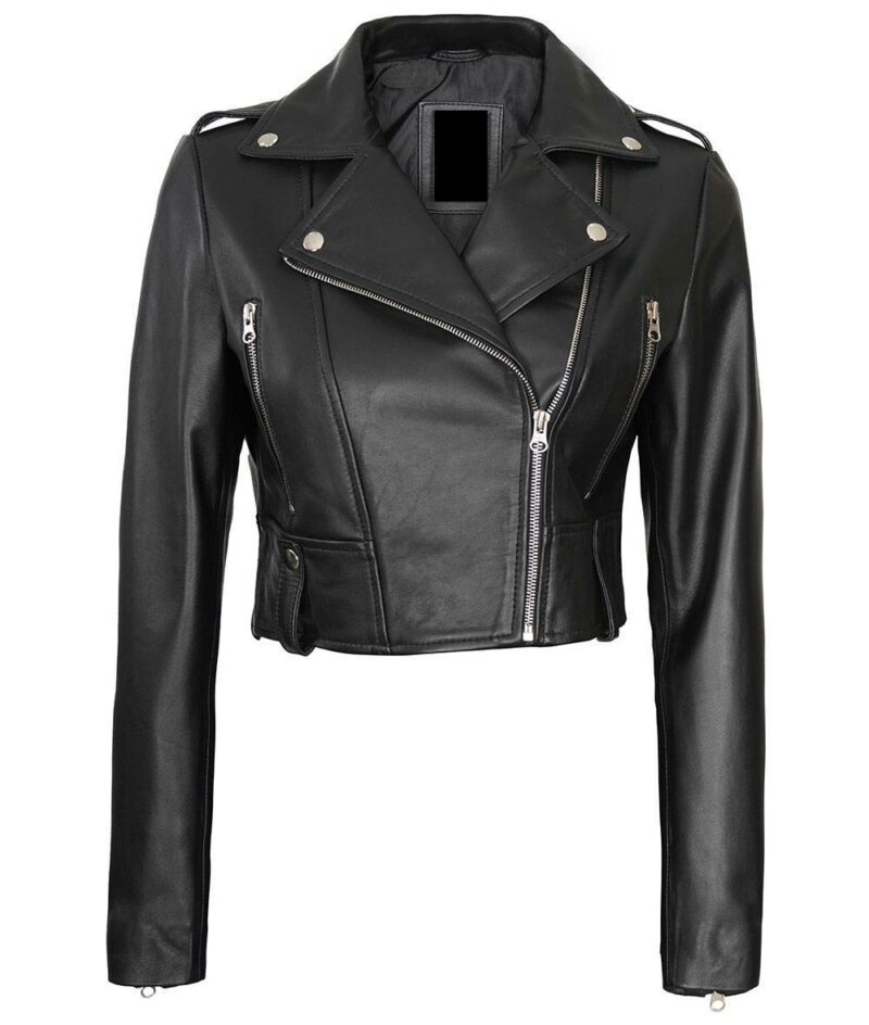 womens asymmetrical black cropped leather jacket