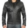 merrill men’s cafe racer black hooded leather jacket