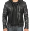merrill men’s cafe racer black hooded leather jacket