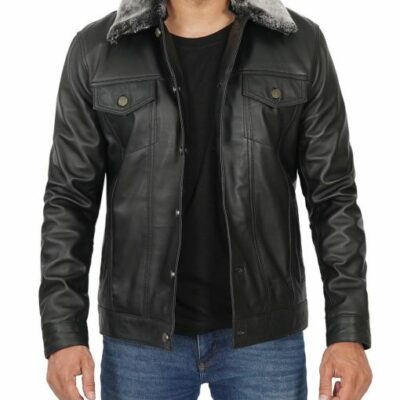 men’s real leather black trucker jacket with shearling collar