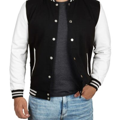 men’s black & white baseball style varsity letterman jacket