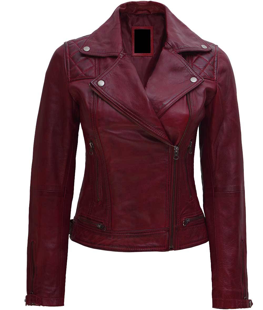 Women’s Asymmetrical Maroon Fitted Leather Jacket - FJM